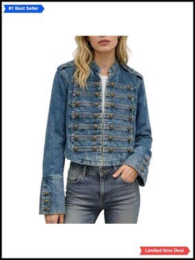 Military Steampunk Denim Jacket Double Breasted Cropped Stand Collar Gothic Coat